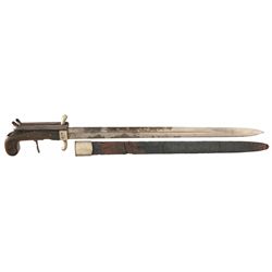 Unique European Double Damascus Barreled Percussion Sword Pistol with Scabbard
