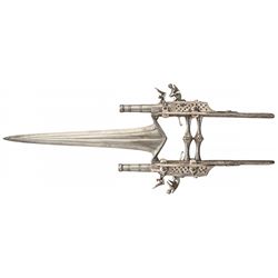 Unique Silver Accented Indian Katar Anti-Armor Dagger with Dual Mounted Flintlock Pistols