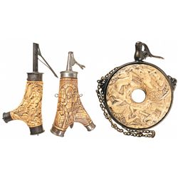 Two Deeply Carved European Stag Horn Powder Flasks and a Donut Shaped Flask