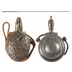 Two Intricately Carved Hardwood Powder Flasks and One Cleaning Rod