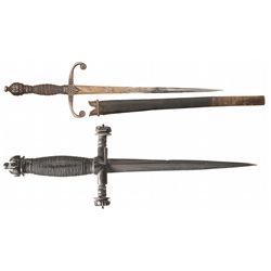 A Stiletto and a Gold and Silver Accented European Dagger with Sheath