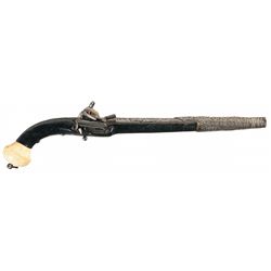 European Miquelet Pistol with Engraved Barrel, Silver Band, Leather Covered Stock and an Ivory Pomme
