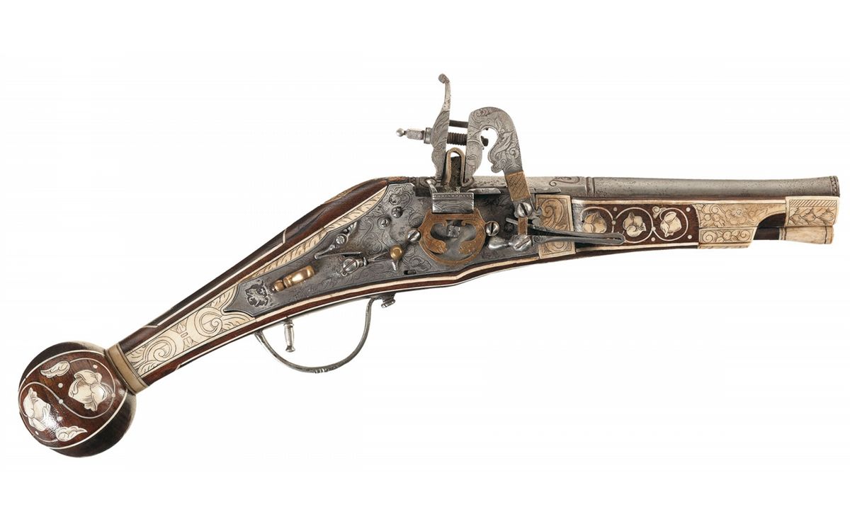Decorative Wheelock Pistol with Attractive Scrimshawed Ivory Stock Inlays