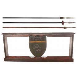 Three European Style Spears with a Large Hardwood Polearm Display Rack