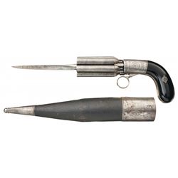 Engraved Unique Inscribed Mariette System Pepperbox Revolver with Dagger Bayonet and Scabbard