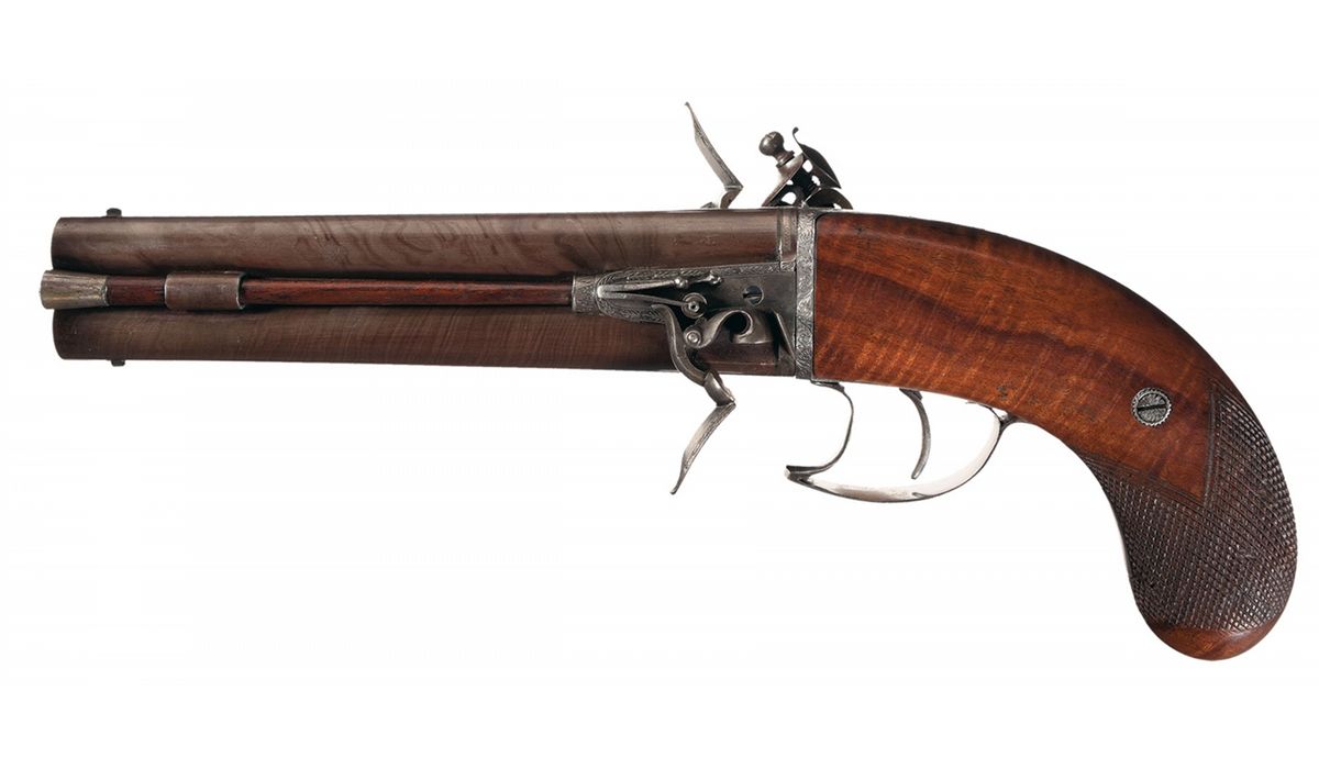 Engraved English Over/Under Swivel Barrel Flintlock Pistol