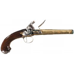 Sharp Marked Brass Barrel Queen Anne Flintlock Pistol with Silvea Inlaid Grip