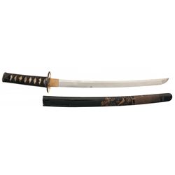 Kanehira Signed Wakizashi with Gold Accents and Lacquered Saya with Martial Scene Decoration