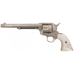 Engraved Pre-World War I Colt Frontier Six Shooter Single Action Army Revolver with Pearl Grips
