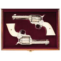 Pair of Cased Consecutively Serial Numbered Weldon Bledsoe Signed Cattle Brand Engraved Colt Third G