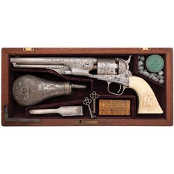 Attractive Cased Engraved Colt Model 1861 Navy Revolver with Exceptional Relief Carved Ivory Grip
