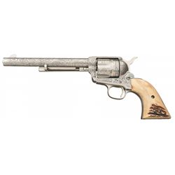 David Harris Signed Engraved Blackpowder Colt Single Action Army Revolver with Stag Grips, Belt and