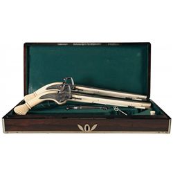 Cased Pair of Custom Full Ivory Stocked Wheel Lock Style Pistols