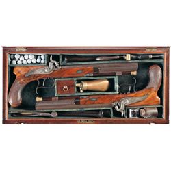 Rare Cased American Pair of P. Vallee Philadelphia Marked Engraved and Gold Inlaid Saw Handled Percu