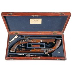 Spectacular Matching Pair of Cased Engraved Clough & Son Bath Percussion Dueling Pistols with Access