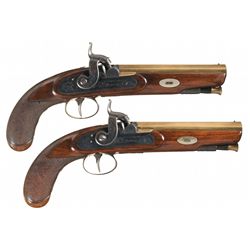 Matching Pair of Engraved W. Thompson Brass Barrel Percussion Pistols