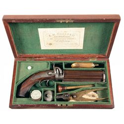Cased Engraved Edward Reilly London Percussion Over/Under Howdah Pistol with Accessories