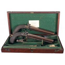 Cased Pair of Engraved Harkom Edinburgh Marked Percussion Double Barrel Pistols