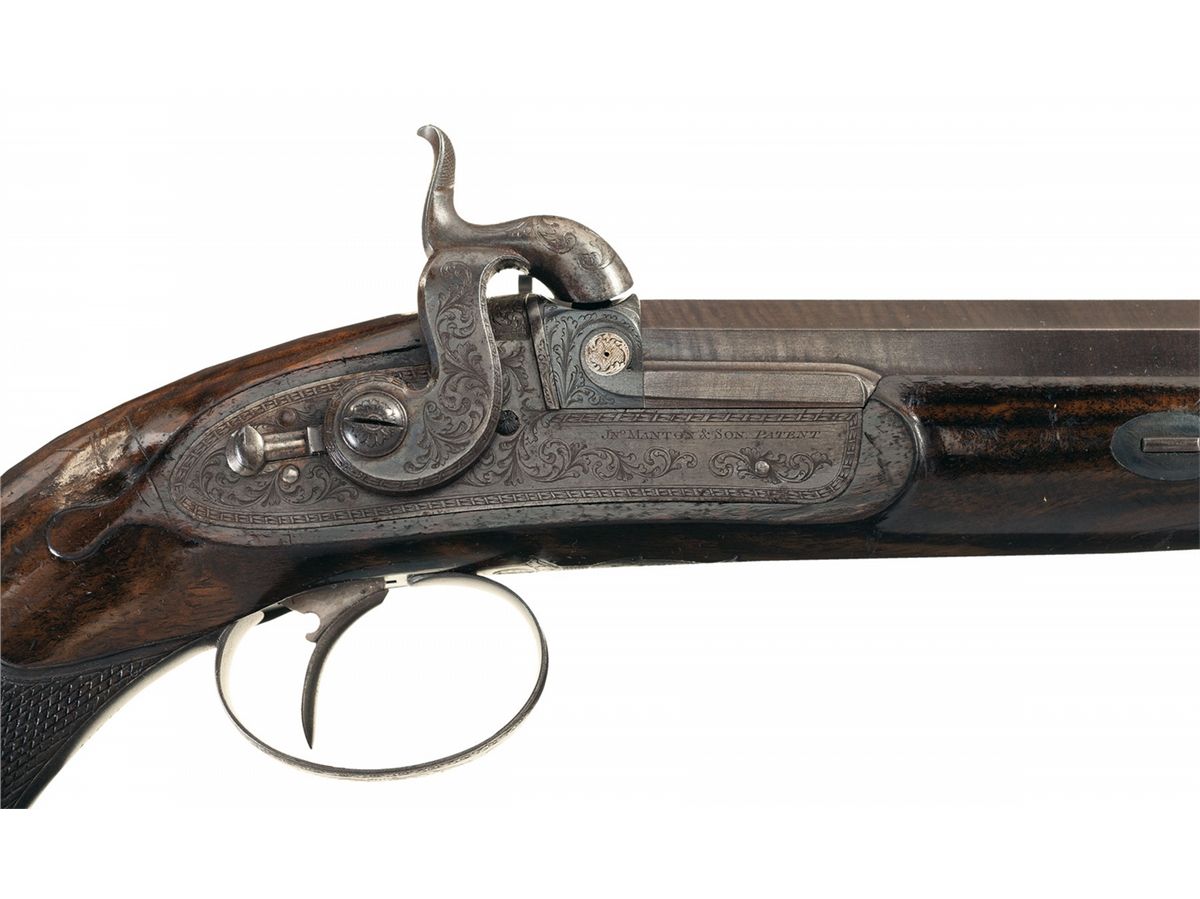 Cased Engraved John Manton & Son London Percussion Target Pistol with