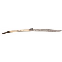 Very Long French Style Folding Bowie Knife with Etched Blade and Two Tone Mother of Pearl and Bone G