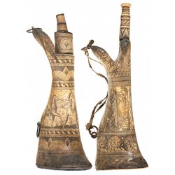 Two Bone European Powder Horns with Fine Decorative Carving