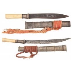 Two Indo-Burmese Dao Knives with Ivory Grips and Silver Furniture