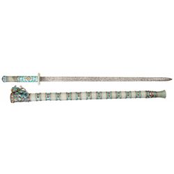 Beautiful Chinese Jian Short Sword with Jade Bodied Silver Place Accented Mineral and Cloisonne Appo