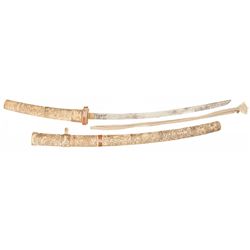 Japanese-Style Sword with Battle Scene Carved Bone Fittings