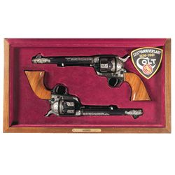 Charles Weiss Master Engraved Cased Gold Inlaid Consecutively Serial Numbered Matching Pair of Colt