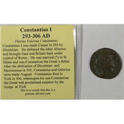 ANCIENT ROMAN COIN ATTRIBUTED TO THE RULE OF CONSTANTIUS I CIRCA 293-306 A.D.