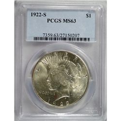 1922-S PEACE SILVER DOLLAR, PCGS MS-63