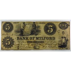 1854 $5.00 BANK OF MILFORD, DE NOTE