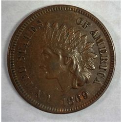 1869 INDIAN CENT BEAUTIFUL BROWN AU+