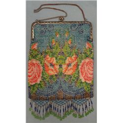 Blue flowered beaded bag, rust on chain and opening