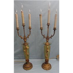2 - Victorian amber candlestick lamps, 33” high, matching