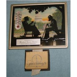 Silhouette of 2 men talking with thermometer, Rinehart Service Station, Grass ,Range, MT, 1940  cale