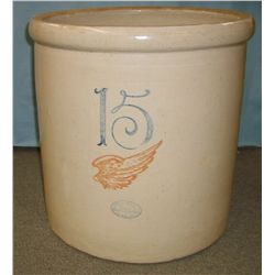RW 15 gal. crock, 6” wing, excellent, w/ lid, button handle, hairline