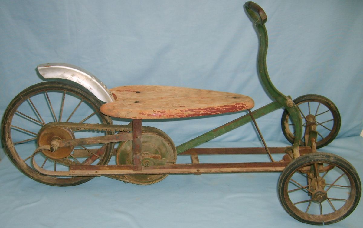 Vintage scooter, pushpull, vbelt driven, metal w/ wooden seat, 36”W x