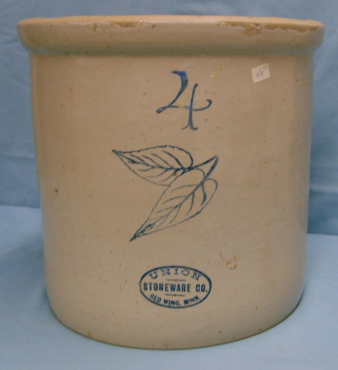 2 Crocks UNION STONEWARE 4 gal. Birch Leaf, dime size chipinner lip