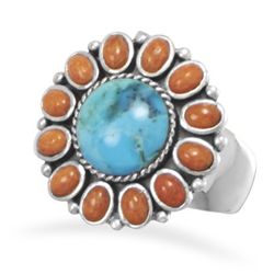 Turquoise and Coral Sunburst Ring