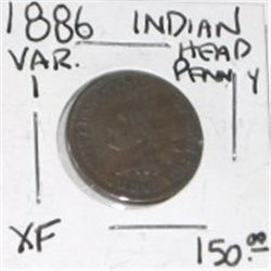 1886 VAR. 1 INDIAN HEAD PENNY RED BOOK VALUE IS $150.00+ *RARE EARLY EXTRA FINE GRADE*!!