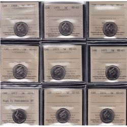 Lot of Nine ICCS Graded Five Cent