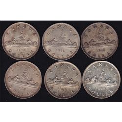 Lot of Six Silver Dollars