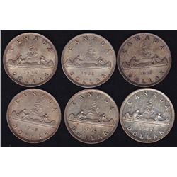 Lot of Six Silver Dollars