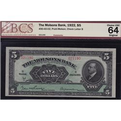 1922 Molsons Bank $5