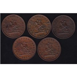 Lot of 5 Bank of Upper Canada Tokens