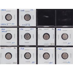 Lot of 10 Five Cent Silvers.