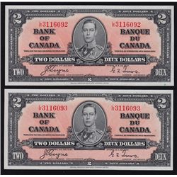 1937 Bank of Canada $2 Consecutive Pair.