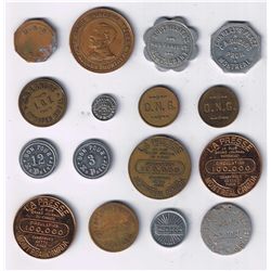 Lot of 16 Quebec trade tokens.