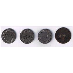 Lot of 4 incused Union St Joseph tokens.